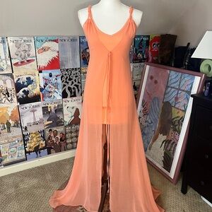 UNIF Coral Sheer Maxi Slip Dress with Front Tie